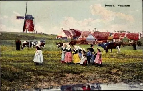 Ak Walcheren Zeeland, Windmühle, Volkstrachten