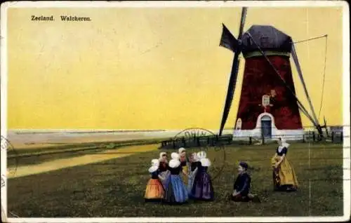 Ak Walcheren Zeeland, Niederländische Trachten, Windmühle