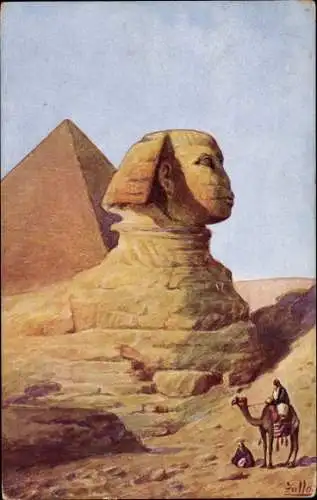 Künstler Ak Zullo, Ägypten, Blick auf die Sphinx und Pyramide, Kamel