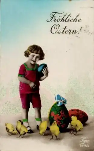 Ak Glückwunsch Ostern, Kind, Küken, Ostereier