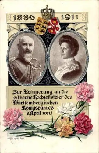 Künstler Ak Schnorr, König Wilhelm II v. Württemberg, Königin Charlotte, Silberhochzeit 1911, Wappen