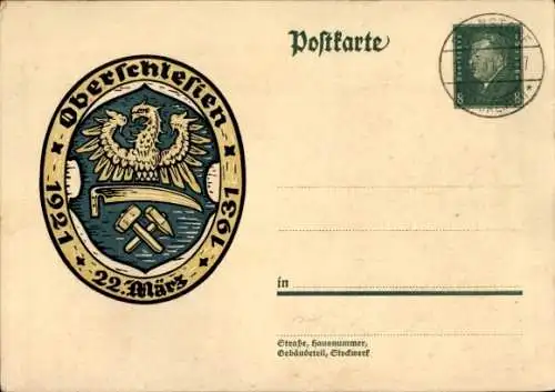 Ganzsachen Ak Oberschlesien, 22 März, 1921 bis 1931, Wappen, 8 Pfennig