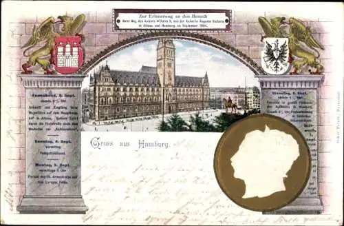 Präge Litho Hamburg, Rathaus, Kaiserpaar, Kaiserbesuch 1904