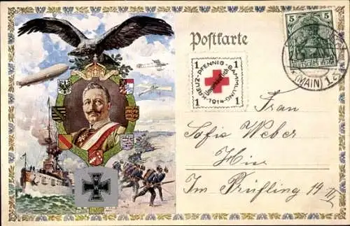 Litho Kaiser Wilhelm II., 25 jähriges Regierungsjubiläum, Zeppelin, Kriegsschiff