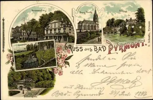 Litho Bad Pyrmont in Niedersachsen, Brunnenplatz, Ev. Kirche, Schloss, Dunsthöhle, Helenenquelle