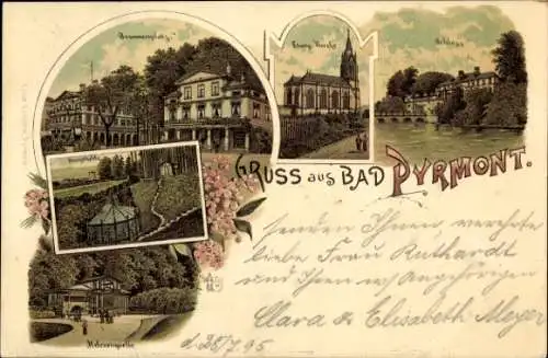 Litho Bad Pyrmont in Niedersachsen, Brunnenplatz, evangelische Kirche, Schloss, Dunsthöhle