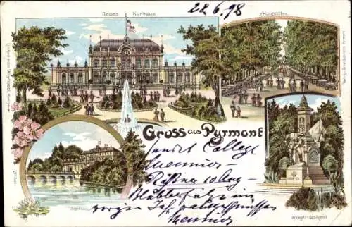 Litho Bad Pyrmont in Niedersachsen, neues Kurhaus, Hauptallee, Krieger-Denkmal, Schloss