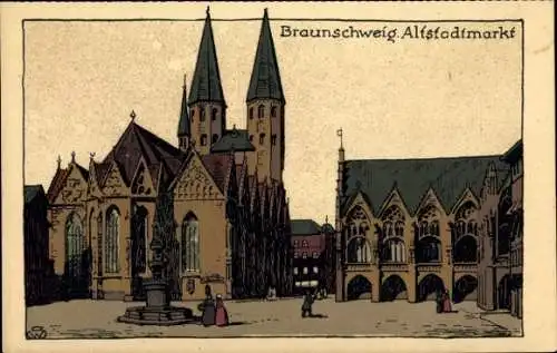 Steindruck Ak Braunschweig in Niedersachsen, Altstadtmarkt, Kirche, Brunnen