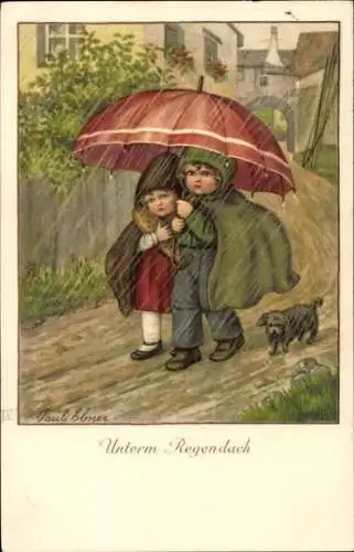 Künstler Ak Ebner, P., Kinder unter einem Regenschirm, Hund, Regen