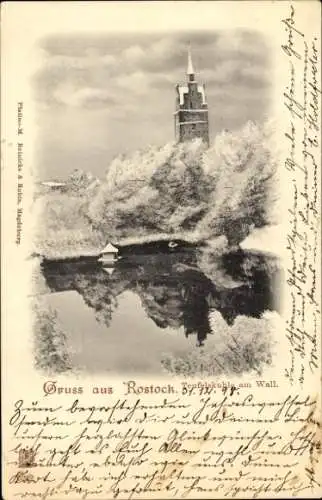 Ak Hansestadt Rostock, Teufelskuhle am Wall, Turm, Winter