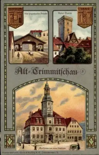 Litho Crimmitschau in Sachsen, Roter Turm, gedeckte Brücke, Rathaus, Stadtrechtsfeier 1914