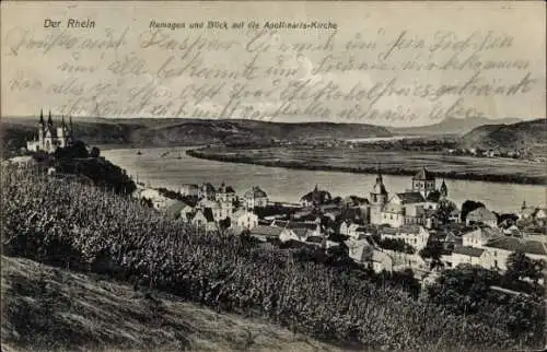 Ak Remagen am Rhein, Gesamtansicht, Apollinaris-Kirche, Panorama