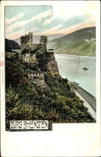 Ak Trechtingshausen am Rhein, Burg Rheinstein, Blick auf Burg und Rhein