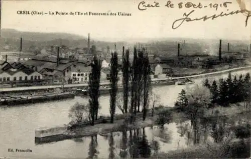 Ak Creil Oise, La Ponte de l'Ile et Panorama des Usines