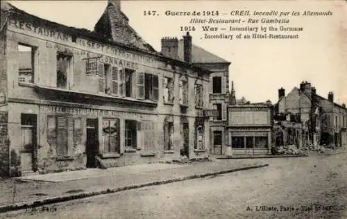 Ak Creil Oise, incendiary of an Hotel-Restaurant, Rue Gambetta