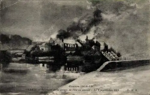 Ak Creil Oise, Incendie de la pointe de l'Ile en amont, 6. spetembre 1914