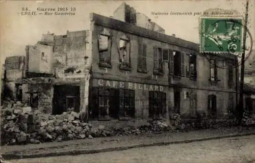 Ak Creil Oise, Rue Gambetta, maisons incendees par les Allemands