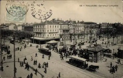 Ak Toulouse Haute Garonne, Carrefour Lafayette, Straßenbahnen