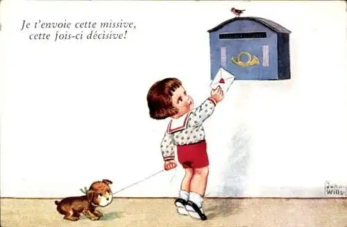 Künstler Ak Wills, John, Kind kommt nicht an Postbriefkasten heran