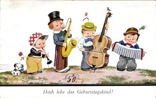 Künstler Ak Wills, John, Glückwunsch zum Geburtstag, Kinder mit Musikinstrumenten