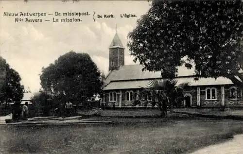 Ak Nieuw-Antwerpen Makanza DR Kongo Zaire, De missiepost, Kirche