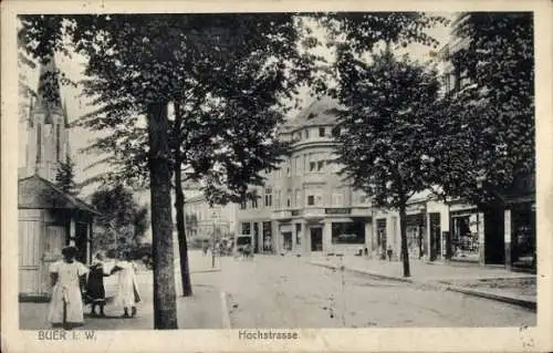 Ak Buer in Westfalen Gelsenkirchen Ruhrgebiet, Hochstraße, Kirche, Geschäfte