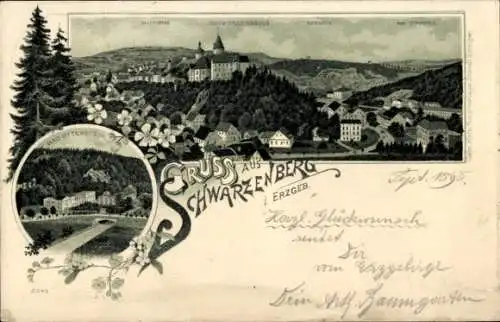 Litho Schwarzenberg im Erzgebirge Sachsen, Gesamtansicht, Schloss, Bad Ottenstein