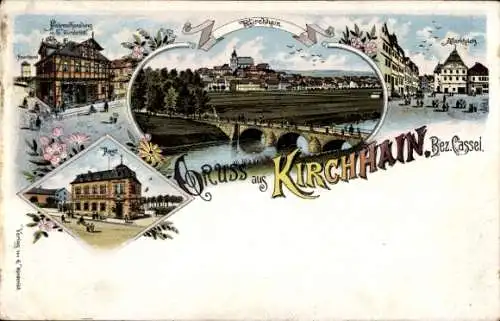 Litho Kirchhain in Hessen, Marktplatz, Fahrradhandlung, Post, Totalansicht