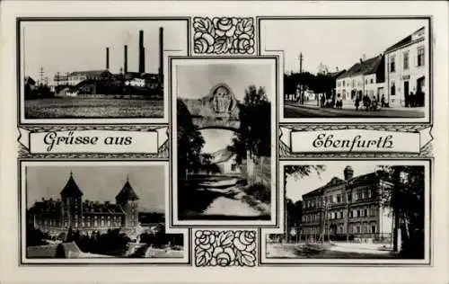 Ak Ebenfurth in Niederösterreich, Teilansichten, Fabrik, Tor der Stadtbefestigung, Schloss