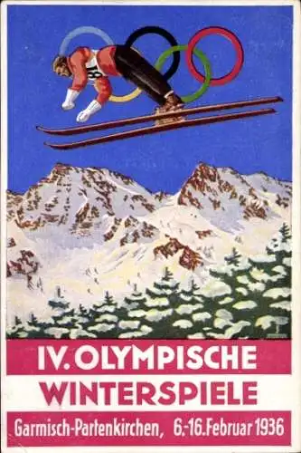 Künstler Ak Garmisch Partenkirchen in Oberbayern, Olympische Winterspiele 1936, Skisprung