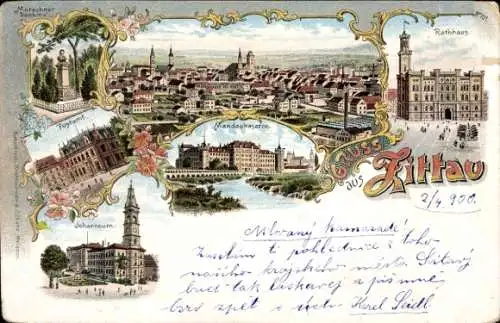 Litho Zittau in Sachsen, Mandaukaserne, Rathaus, Marschner-Denkmal, Postamt, Johanneum