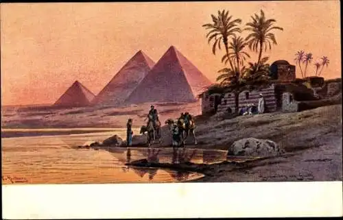 Künstler Ak Perlberg, F., Gizeh Ägypten, Pyramiden, Nilufer, Kamele, Abendstimmung