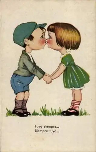 Künstler Ak Junge und Mädchen küssen sich