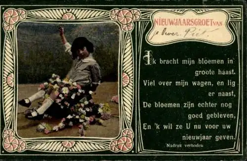 Jugendstil Passepartout Ak Glückwunsch Neujahr, Kind mit bunten Blumen