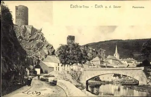 Ak Esch Sauer Luxemburg, Panorama, Brücke, Burg, Kirche