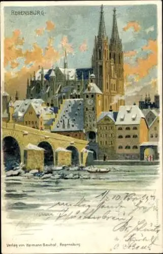 Litho Regensburg an der Donau Oberpfalz, Dom, Brücke, Winter