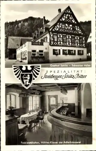 Ak Streitberg Wiesenttal Fränkische Schweiz, Gasthof Schütz, Probierstübchen, Höhlen-Klause, Wappen