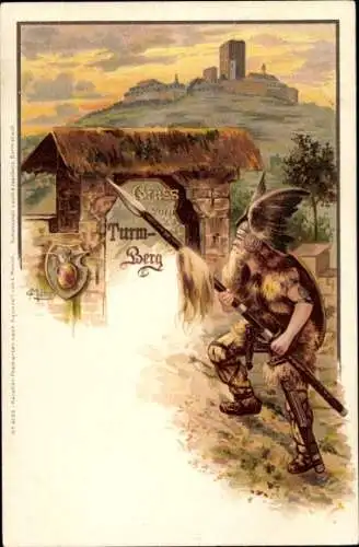 Künstler Litho Carl Münch, Durlach Karlsruhe Baden, Turmberg, Germane mit Flügelhelm und Lanze