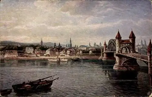 Künstler Ak Astudin, Bonn am Rhein, Teilansicht, Brücke, Boot, Kirchtürme