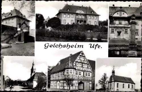 Ak Gelchsheim in Unterfranken, Altes Fachwerkhaus, Kirche, Herrenhaus, Ortspartie