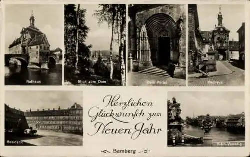 Ak Bamberg an der Regnitz Oberfranken, Rathaus, Dom, Dom-Portal, Residenz, Klein Venedig