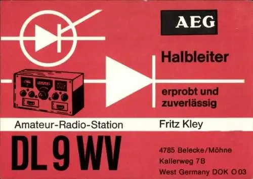 Ak Belecke Warstein im Sauerland, QSL Funkerkarte DL9WV, Amateur-Radio-Station Fritz Kley, AEG