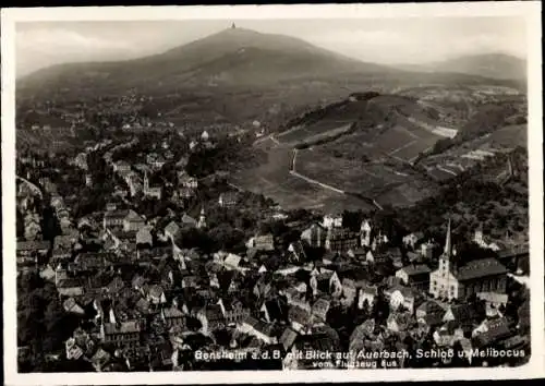 Ak Bensheim an der Bergstraße in Hessen, Fliegeraufnahme mit Auerbach, Schloss und Melibocus