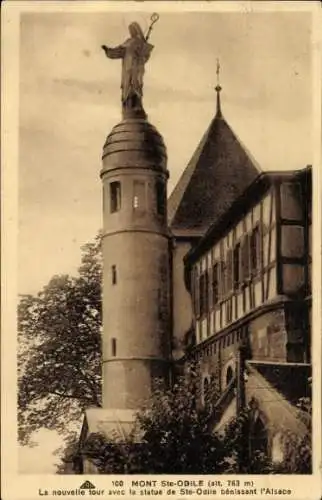 Ak Obernai Elsass Bas Rhin, Odilienberg Mont Sainte Odile, Nouvelle Tour avec la Statue