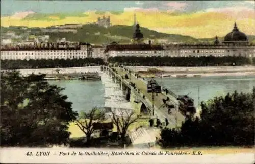 Ak Lyon Rhône, Pont de la Guillotière, Hotel-Dieu, Coteau de Fourvière