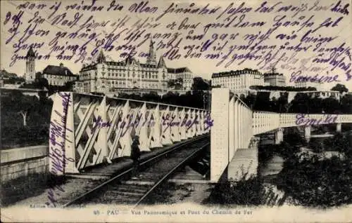 Ak Pau Pyrénées-Atlantiques, Panoramablick, Eisenbahnbrücke