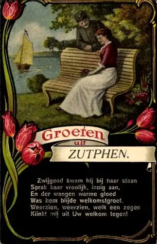 Gedicht Passepartout Ak Zutphen Gelderland, Grüße aus, Liebespaar, Soldat