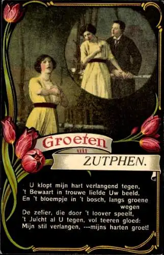 Gedicht Passepartout Ak Zutphen Gelderland, Grüße aus, Liebespaar, Abschied