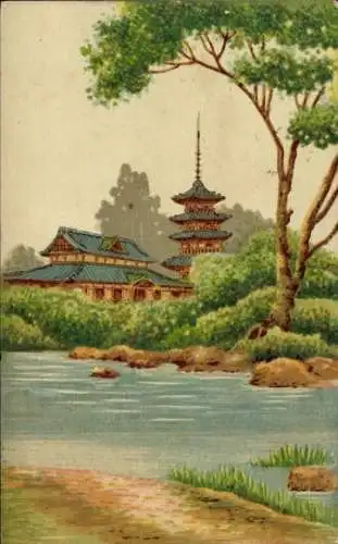 Ak Japan, Tempel, Fluss, Wohnhaus