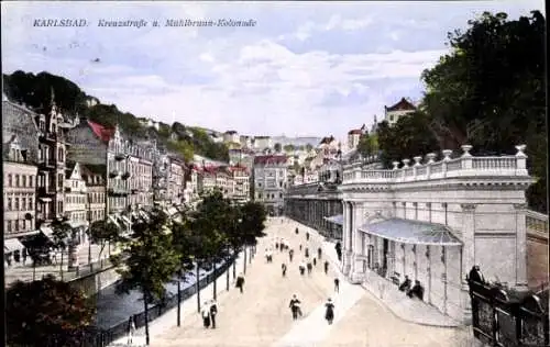 Ak Karlovy Vary Karlsbad Stadt, Kreuzstraße, Mühlbrunn Kolonnade